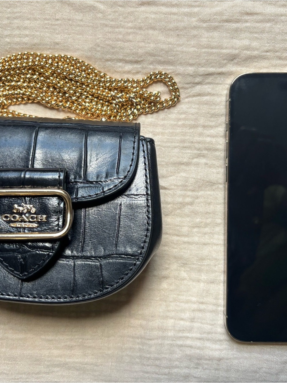 Coach Black Croc-Embossed Leather Micro/Mini Crossbody with Gold Chain Strap